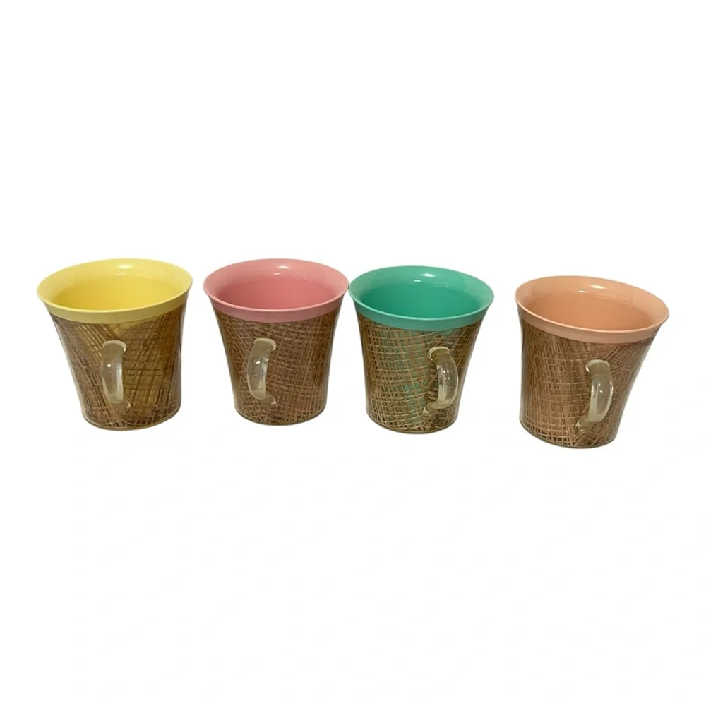Vintage Melmac Burlap Insulated Mugs Raffia Ware Lightweight Coffee Mugs